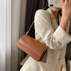 Brown crocodile pattern faux leather underarm bag with gold metal hardware accessories