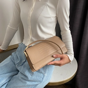 Elegant khaki crocodile pattern handbag with a vintage rectangular flap and slim handle