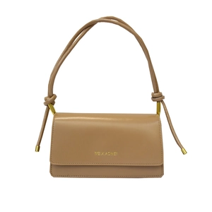 Minimalist khaki baguette shoulder bag with knotted strap and gold metallic details