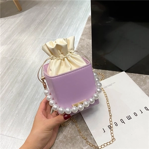 Women Fashion Artificial Pearl Handle PU Leather Box Bucket Bag Drawstring Inner Pouch Gold Chain Crossbody Handbag Small Square Bag