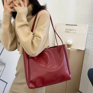 Minimalist large capacity wine red leather tote bag with slim double shoulder straps