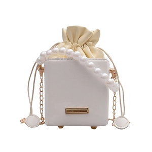 Chic white box crossbody bag with pearl handle and golden chain strap for women