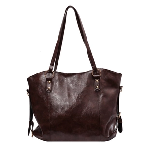 Grand sac cabas en cuir PU marron foncé avec anneaux dorés et grande capacité pour femme