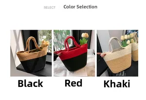 Detailed view of woven bucket bags in black, red, and khaki with round handles