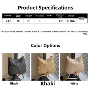 Detailed size specifications for a lightweight woven tote bag in black khaki and white