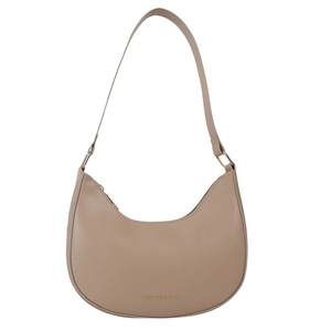 Minimalist beige half-moon shoulder bag in smooth leather with gold fashion lettering