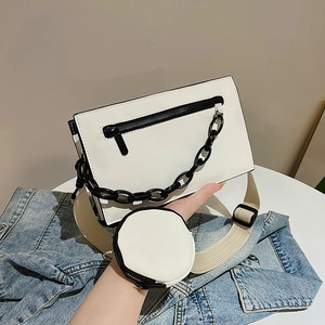 Juego de Bolso Bandolera Pequeño de Cuero PU Minimalista para Mujer Con Mini Monedero Redondo Desmontable y Correa de Cadena Negra Gruesa Bolso Cuadrado de Moda Urbana
