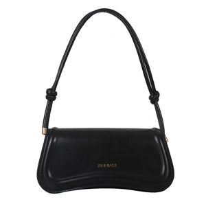 Minimalist black leather shoulder bag with unique wavy base and elegant knotted strap detail