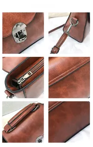 Detail view of brown vintage PU leather handbag with snap lock and metal hooks