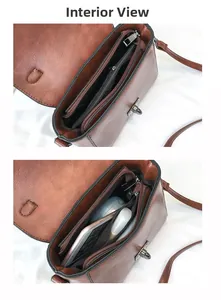 Interior view of brown vintage leather crossbody bag with smartphone and makeup items