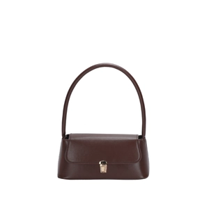 Minimalist dark brown rectangle shoulder bag with golden metal buckle and retro style