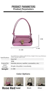 Detail view of stylish metallic underarm bag showing dimensions and various color options