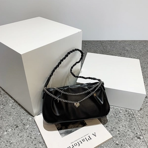 Trendy Women Pleated Underarm Bag PU Leather Shoulder Bag With Heart Pendant Chain Braided Strap Fashion Minimalist Handbag