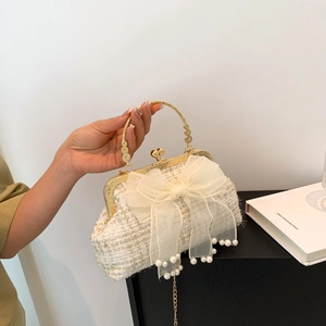 Elegant Tweed Artificial Pearl Bow Shoulder Bag For Women Vintage Kiss Lock Handbag With Metal Chain Strap Wedding Party Bag