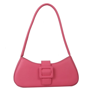 Stylish bright pink PU leather baguette shoulder bag with decorative square buckle design
