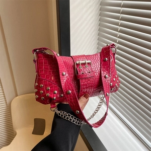 Damen Mode Krokodil Muster PU Leder Unterarm Schultertasche Punk Nieten Kette Decor Y2K Stil Crossbody Quadratische Tasche