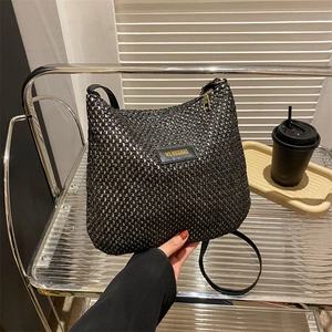 Vintage Woven Tote Bag For Women PU Leather Straw Weaving Shoulder Bag Casual Retro Crossbody Bag Fashion Trendy Handbag