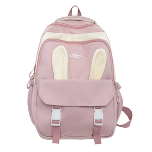 Pink and cream nylon backpack with 3D bunny ears and front buckle pocket for students
