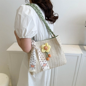 Minimalist large capacity straw tote bag with sunflower charm and decorative silk scarf