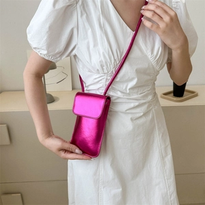 Chic metallic magenta leather square crossbody phone bag for women in minimalist interior