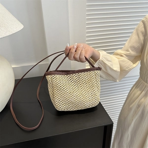 Summer Woven Straw Bucket Bag Women Fashion Minimalist Shoulder Crossbody Bag Vacation Daily Handwoven Small Handbag With Magnetic Buckle