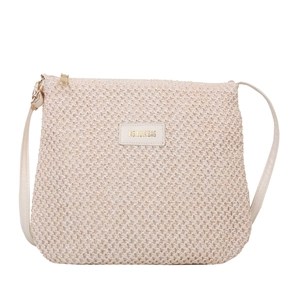 Minimalist beige woven crossbody tote bag with gold zipper and stylish shoulder strap