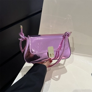Women Trendy Metallic Mirror PU Leather Underarm Bag Vintage Minimalist Small Square Shoulder Bag With Knot Strap Detail
