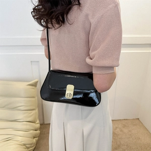 Retro black patent leather underarm bag with gold metal lock for women's casual style