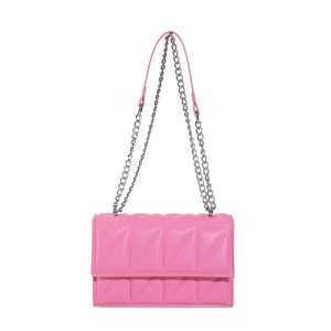 Pink quilted faux leather crossbody bag with silver chain strap and rectangular flap