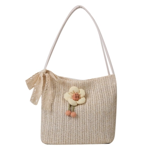 Sac cabas en paille tissée avec nœud en dentelle et fleur pour les vacances d'été