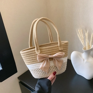 Women Fashion Woven Bucket Handbag With Ribbon Bow Or Daisy Flower Decor Large Capacity Casual Summer Vacation Tote Bag