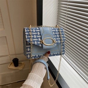 Women Tweed Canvas Shoulder Bag Small Square Crossbody Bag Metal Chain Strap Magnetic Snap Casual Fashion Handbag