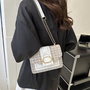 French style tweed and white leather crossbody bag with elegant gold chain strap