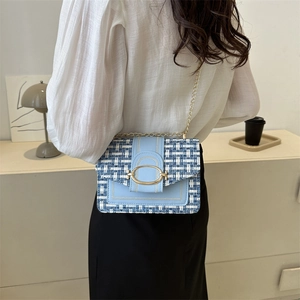 Fashionable blue tweed square crossbody bag with gold chain and oval buckle for women
