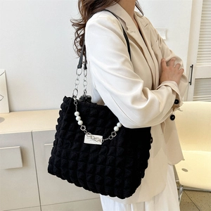 Minimalist black bubble texture tote bag with pearl and silver chain strap for women