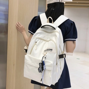 Sac à dos blanc minimaliste de style collège grande capacité avec pendentif ours à carreaux
