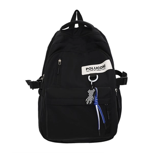 Sac à dos en nylon noir minimaliste avec porte-clé ours et grande capacité de stockage