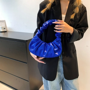 Minimalist blue ruched cloud handbag for women with chic pleated design and top handle