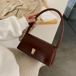 Detailed close-up of dark brown vintage handbag with gold clasp and elegant handle