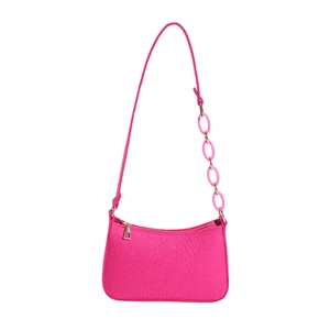 Fuchsia baguette shoulder bag with crocodile pattern texture and pink acrylic chain links