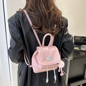 Women Mini Backpack PU Leather Vintage Cute Style Small Fashion Daypack With Plush Monster Pendant For Daily Travel