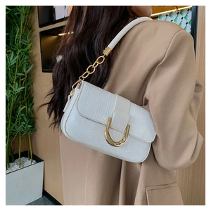 Detail of white crocodile pattern baguette bag with gold U-shaped buckle and chain strap