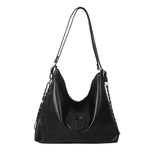 Grand sac cabas noir en similicuir minimaliste avec bretelles chaîne et logo embossé