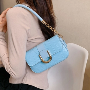 Minimalist light blue faux crocodile leather square shoulder bag with gold U-shaped buckle