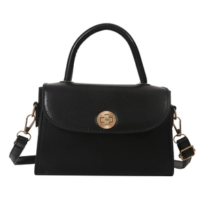Classic black PU leather crossbody bag with golden metal buckle and top handle for women