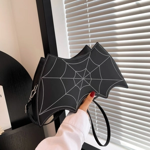 Women Gothic Bat Shaped Shoulder Bag Halloween Spider Web Heart Stitching PU Leather Crossbody Handbag Black Novelty Purse