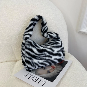 Fashionable Canvas Underarm Bag For Women With Zebra Leopard Print Plush Texture Trendy Soft Shoulder Bag For Autumn Winter Daily Use