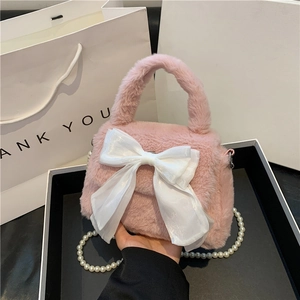 Sac à Main en Peluche pour Femme avec Grand Nœud en Satin et Bandoulière en Künstliche Perles Sac à Épaule Doux en Fausse Fourrure