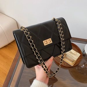Sac à Épaule Femme Matelassé Chaîne Losange Cuir PU Sac Bandoulière Serrure Tournante Sac Carré Classique Mode