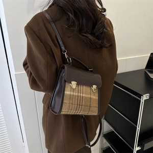 Vintage British style plaid backpack for women with brown leather and gold buckles